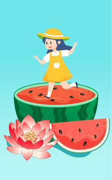 立夏節(jié)氣池塘解暑人物夏天插畫