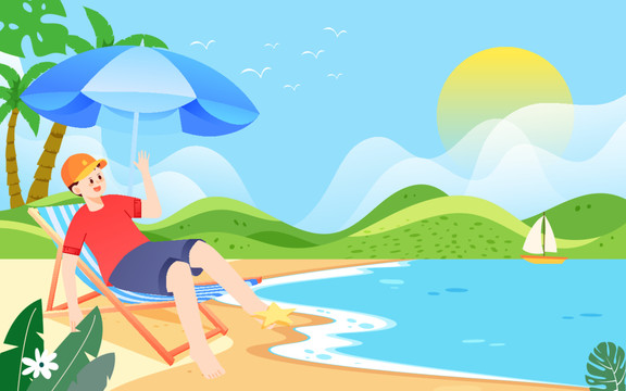 夏天海邊人物休閑乘涼立夏插畫