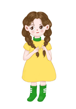 兒童插畫手繪可愛黃裙辮子女孩
