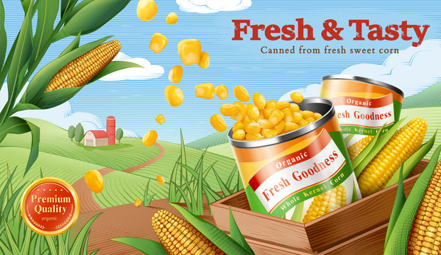 丰收玉米罐头广告横幅  木刻风田园背景