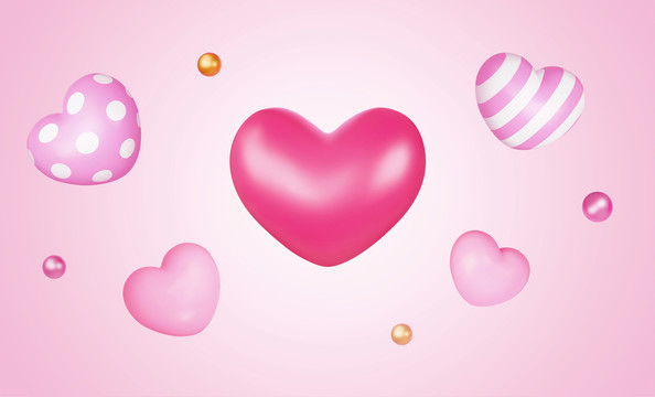 3D光泽感粉色爱心与圆球装饰素材