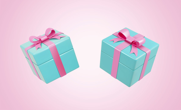 3D蒂芙尼蓝礼物盒和搭配粉色缎带素材