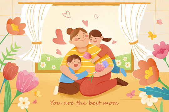 幸福母亲节温馨插画贺卡