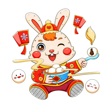 國潮可愛吃元宵的兔子元素