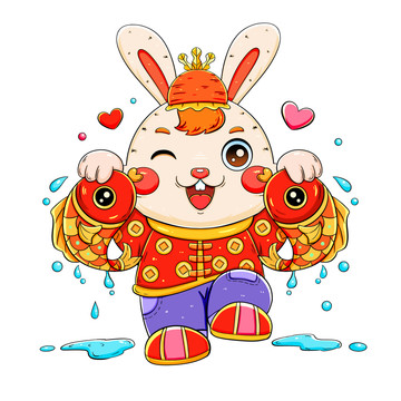 國潮可愛抓魚的兔子元素