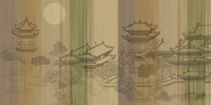 刺繡樓閣建筑矢量高清背景墻