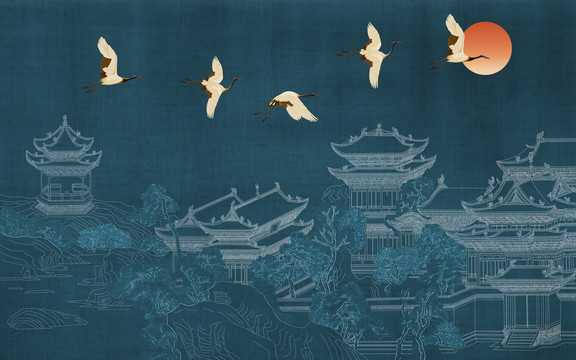 高端酒店云紋樓閣刺繡背景墻
