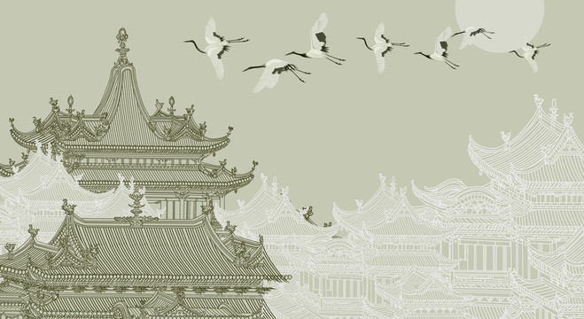 中式刺绣高端楼阁仙鹤背景墙