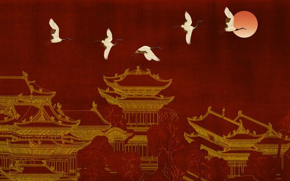 中式刺绣高端楼阁仙鹤背景墙