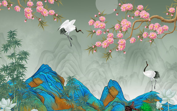 梅花仙鶴背景墻