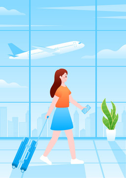 机场女孩乘飞机旅行矢量插画