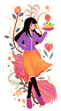 女孩端桔子祝賀喜慶花紋插畫