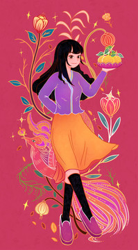 喜慶女孩端桔子祝賀節(jié)日插畫