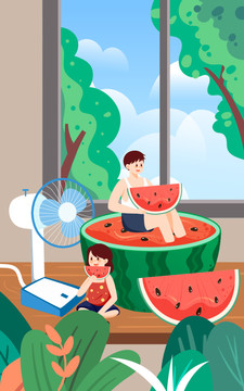 夏天小孩窗戶乘涼立夏節(jié)氣插畫(huà)