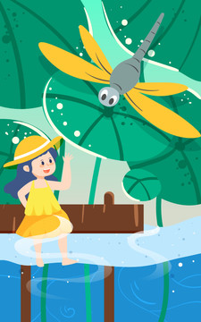 立夏节气小孩蜻蜓互动夏天插画
