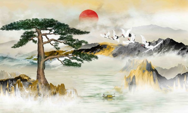 迎客松仙鹤山水画背景墙壁画