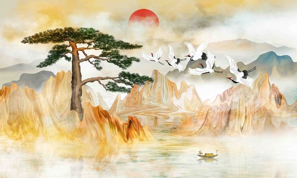 金色迎客松山水畫