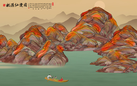 青綠山水仙鶴背景墻