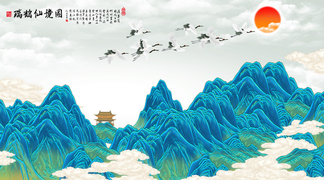 青綠山水手繪背景墻
