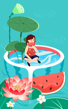 立夏節(jié)氣人物池塘吃西瓜插畫