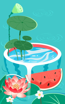 立夏節(jié)氣人物池塘吃西瓜插畫
