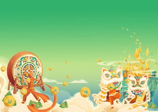 端午節(jié)國風(fēng)背景插畫舞獅打鼓