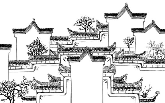 手绘古风建筑矢量线稿