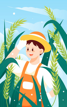 小滿節(jié)氣麥田麥穗夏天農民插畫