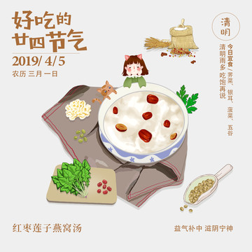 24節(jié)氣清明手繪美食紅棗蓮子