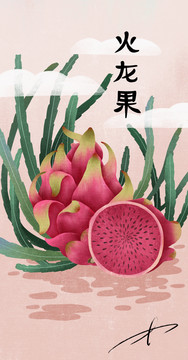 手繪紅心火龍果