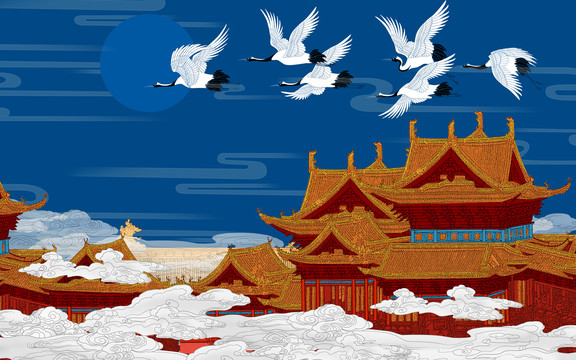 皇宮仙鶴玉蘭背景墻