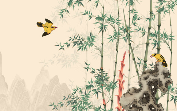竹子假山背景墻花鳥
