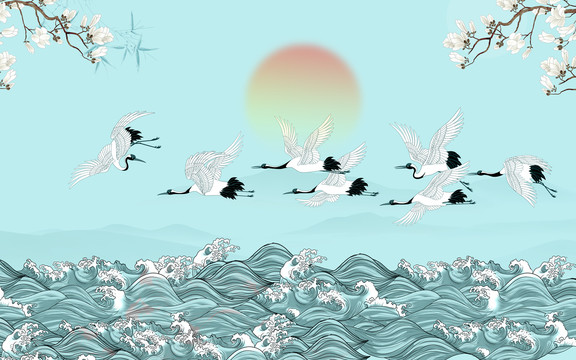 仙鶴海浪背景墻