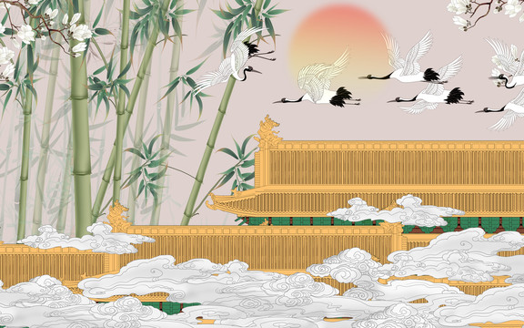 皇宮竹子仙鶴背景墻
