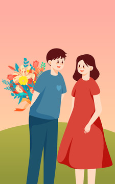 520情人節(jié)情侶送花驚喜插畫
