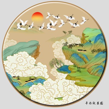 圓形山水國潮插畫