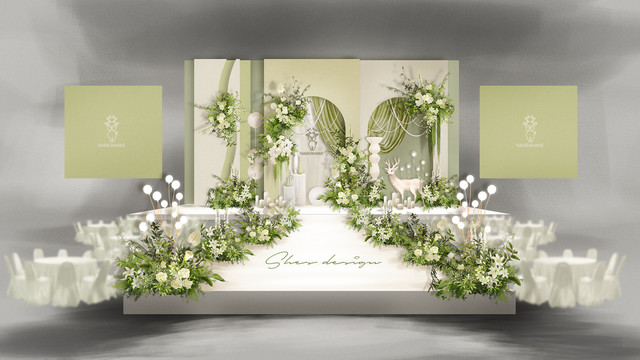 小预算温馨白绿色婚礼舞台设计