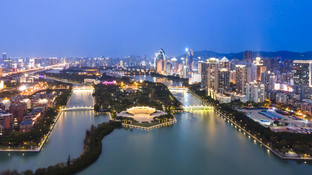 航拍厦门城市景观天际线夜景