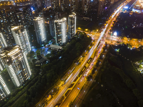 航拍苏州市中心现代建筑夜景