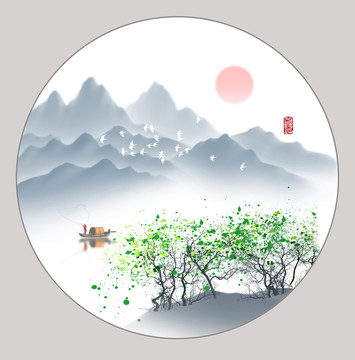 圓形水墨山水畫(huà)