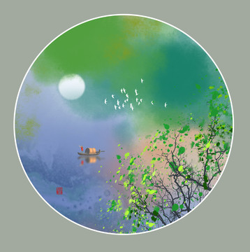 圓形水墨山水畫