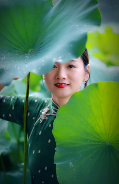 雨后x荷花美人荷塘美女