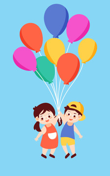 六一儿童节小孩玩气球童年插画