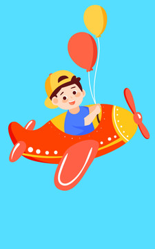 六一儿童节男孩快乐开飞机插画