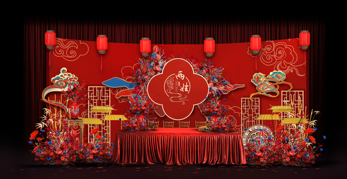 中式簽到臺婚禮手繪效果圖