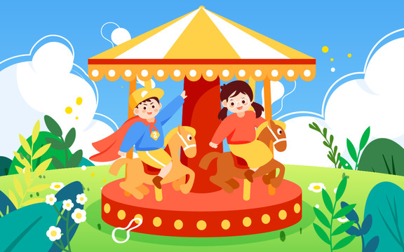 六一兒童節(jié)孩子玩旋轉(zhuǎn)木馬插畫