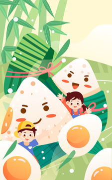 端午节小孩吃粽子传统国潮插画