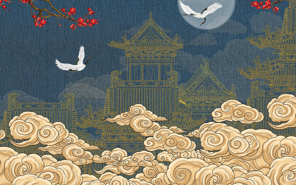 高端刺繡仙鶴樓閣背景墻