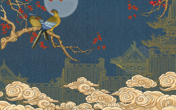 梅花高端刺繡仙鶴樓閣背景墻