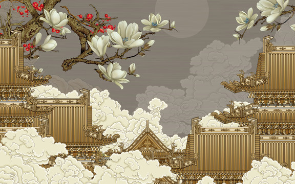 樓閣花鳥玉蘭背景墻